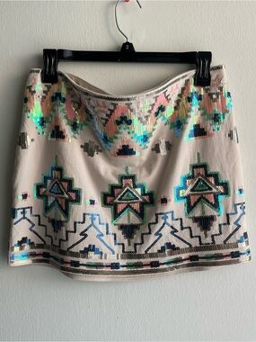 Express Pink Green Blue Yellow Sequin Aztec Mini Skirt Medium